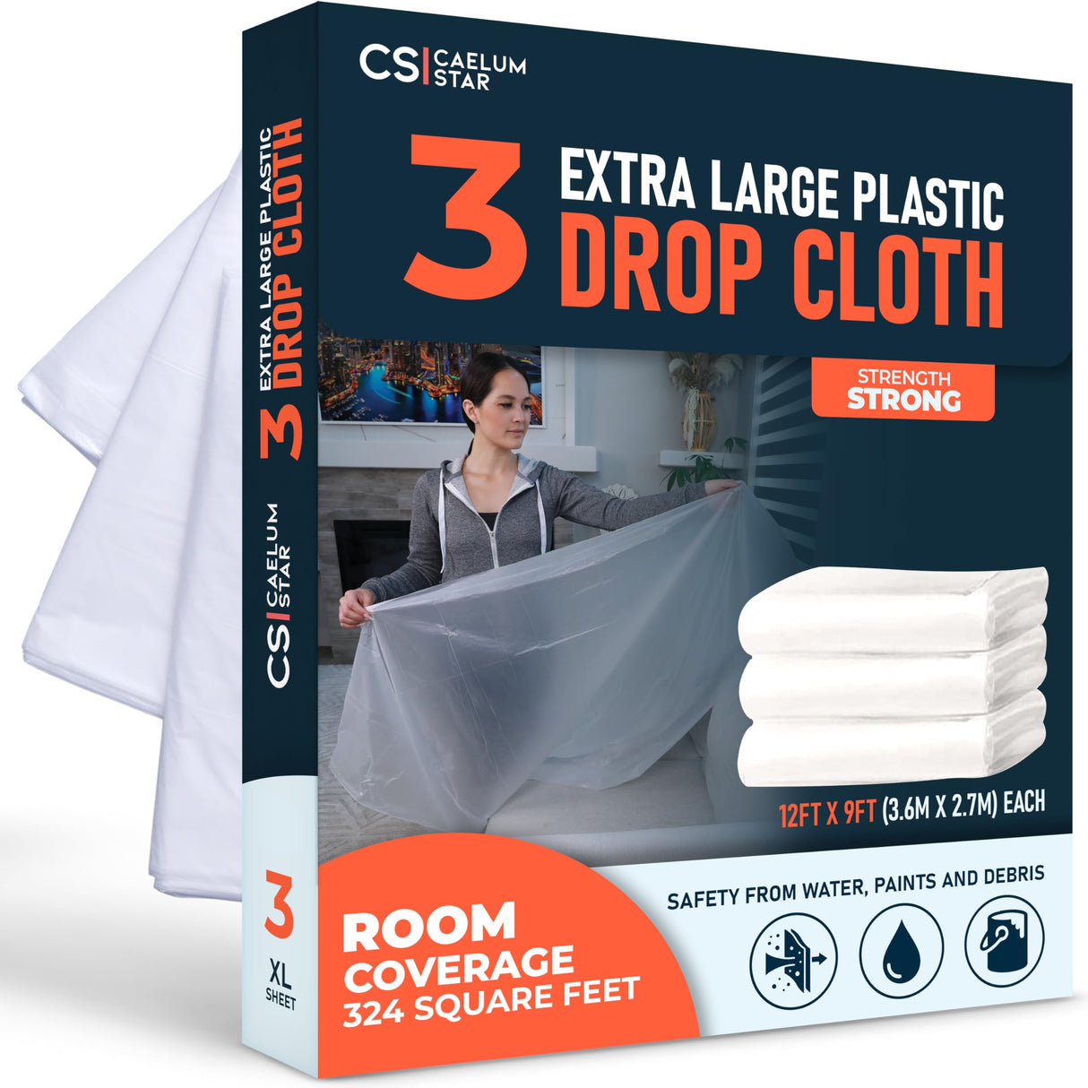 Plastic Drop Cloths – 3 Pack (12 × 9 ft) retail pack with folded sheets