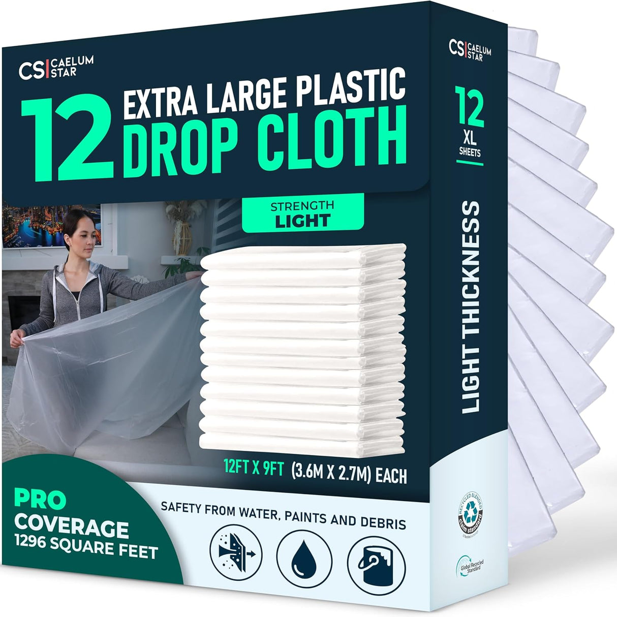 12 Pack 12x9 ft Extra Large Plastic Drop Cloth for Painting, Furniture Covers, Painters Plastic Cover, Clear Paint Tarp, Floor Protector, Disposable Paint Drop Cloth, 55% Recycled