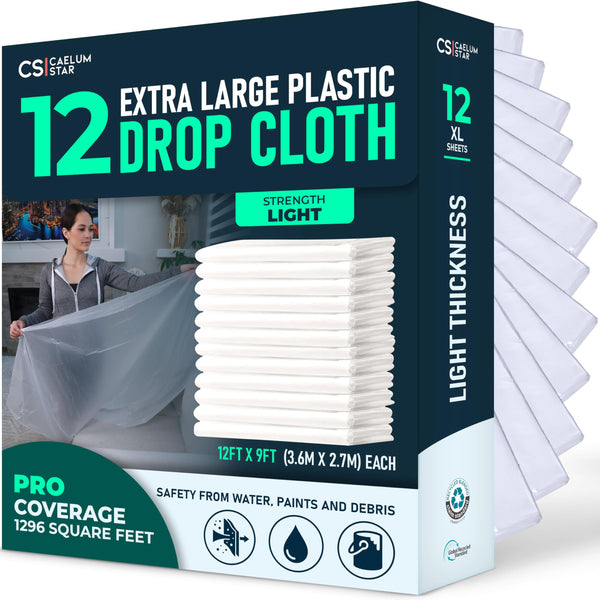 Plastic Drop Cloths - 12 Pack (12 × 9 ft) retail pack with folded sheets