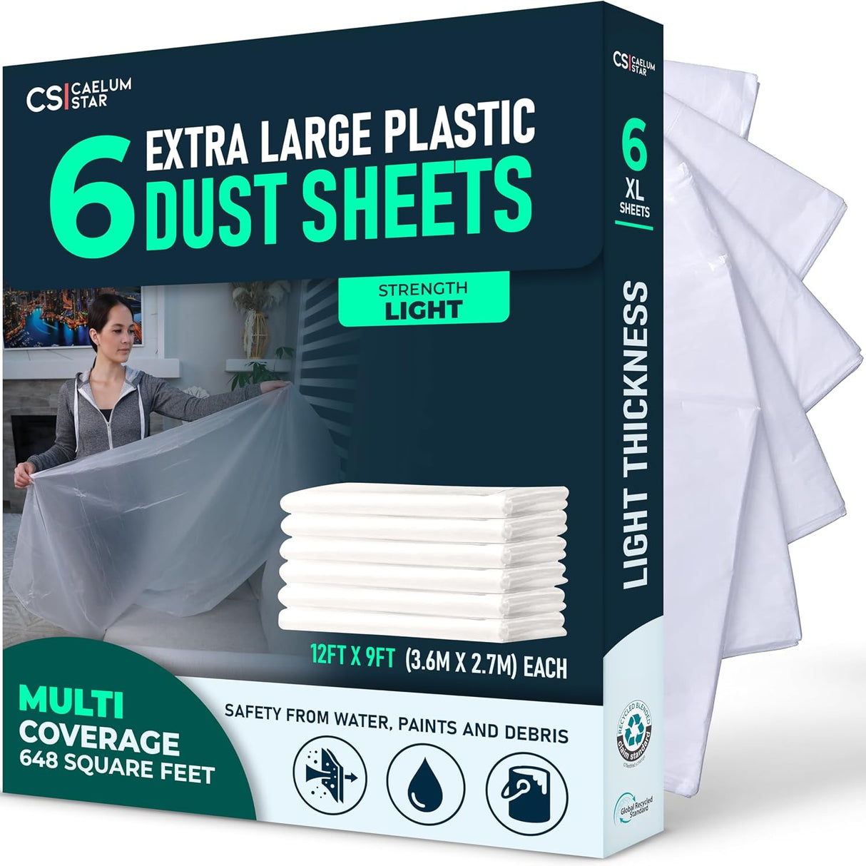 CS 6 Pack Extra Large Plastic Dust Sheets for Decorating 3.60 x 2.70 m (12x9 ft), Dust Sheets for Painting, Clear Plastic Sheet Polythene Sheeting Painting Tools, Decorating Tools, Home Improvement