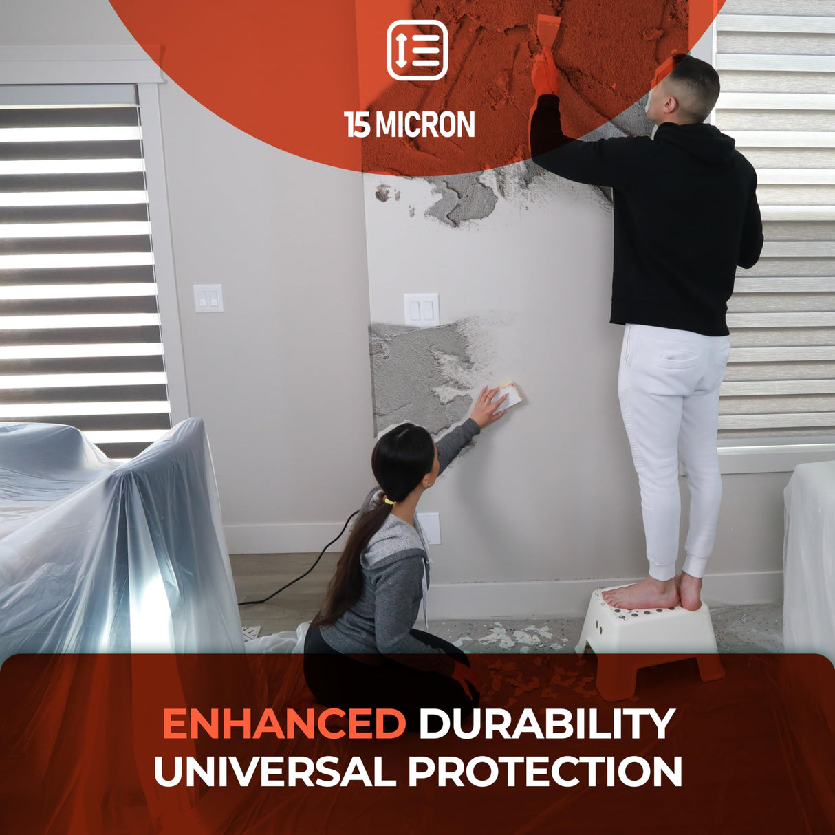 15 micron plastic dust sheets protecting furniture and walls during renovation