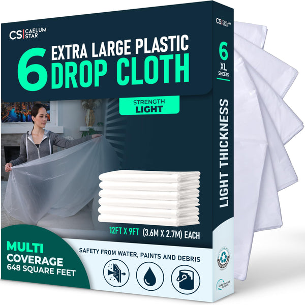 Plastic Drop Cloths - 6 Pack (12 × 9 ft) retail pack with folded sheets