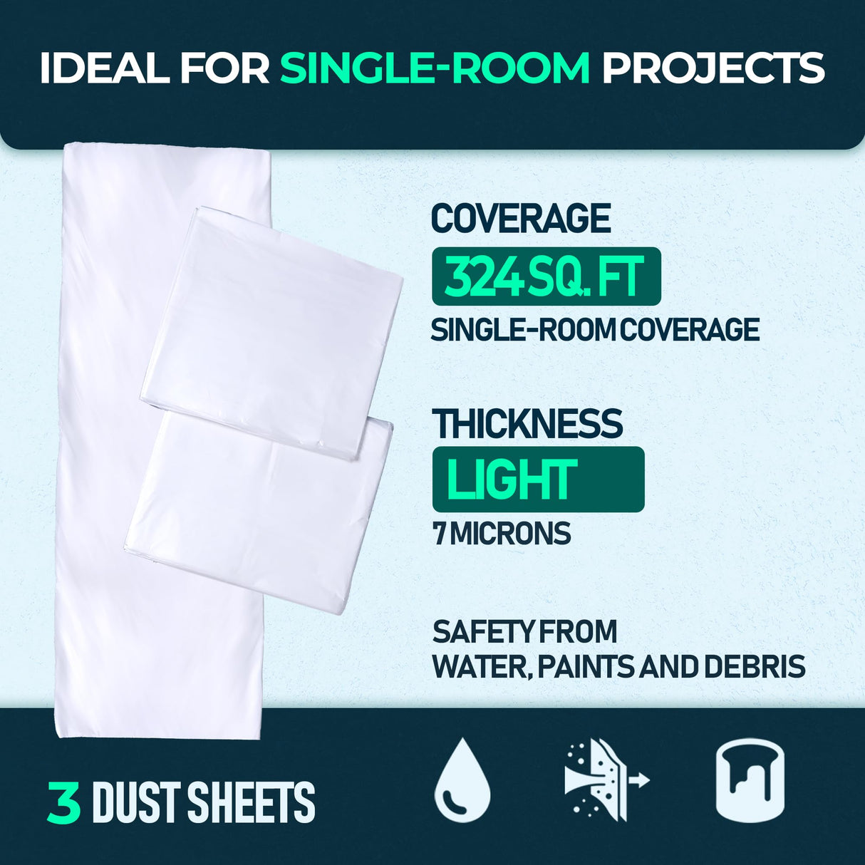 Plastic Dust Sheets – 3 Pack (3.6 × 2.7 m) coverage and thickness guide