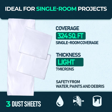 Plastic Dust Sheets - 3 Pack (3.6 × 2.7 m) coverage and thickness guide