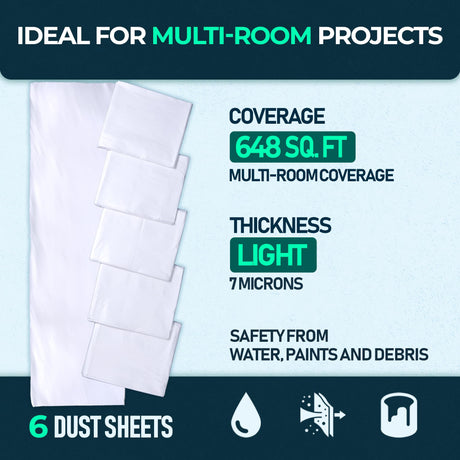 Plastic Dust Sheets - 6 Pack (3.6 × 2.7 m) coverage and thickness guide