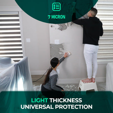 Plastic Dust Sheets - 6 Pack (3.6 × 2.7 m) showing sheet thickness and wall protection
