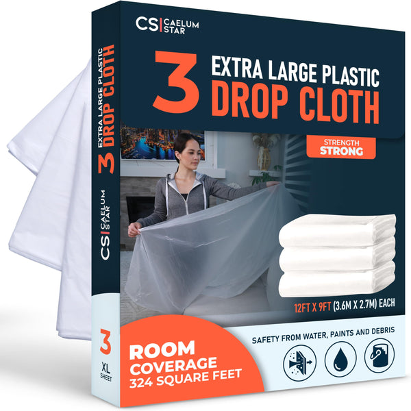Plastic Drop Cloths - 3 Pack (12 × 9 ft) retail pack with folded sheets