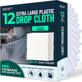 12 Pack 12x9 ft Extra Large Plastic Drop Cloth for Painting, Furniture Covers, Painters Plastic Cover, Clear Paint Tarp, Floor Protector, Disposable Paint Drop Cloth, 55% Recycled