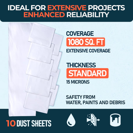 Ten standard plastic dust sheets with 1080 sq ft coverage, 15 micron thickness, and water, paint, and debris protection