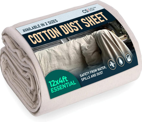 CS Large Cotton Dust Sheets for Decorating 3.6 x 1.3m (12 x 4ft) Reusable Decorator Dust Sheet for Painting, Furniture & Floor Protection, Heavy Duty Cotton Paint Cover Sheets Range