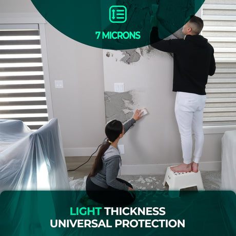Plastic Dust Sheets - 3 Pack (3.6 × 2.7 m) showing sheet thickness and wall protection