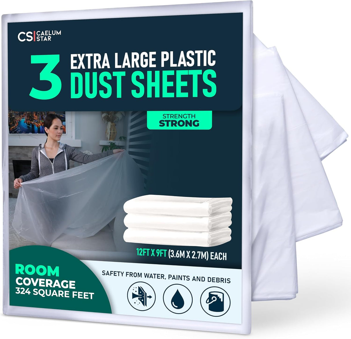 CS 3 Pack Extra Large Plastic Dust Sheets for Decorating 3.6 x 2.7m (12x9 ft), Dust Sheets for Painting, Clear Plastic Sheet Polythene Sheeting Painting Tools, Decorating Tools, Home Improvement