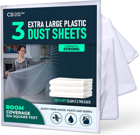 CS 3 Pack Extra Large Plastic Dust Sheets for Decorating 3.6 x 2.7m (12x9 ft), Dust Sheets for Painting, Clear Plastic Sheet Polythene Sheeting Painting Tools, Decorating Tools, Home Improvement
