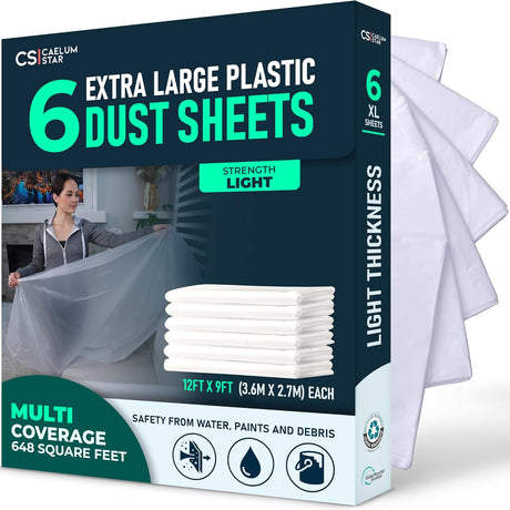 CS 6 Pack Extra Large Plastic Dust Sheets for Decorating 3.60 x 2.70 m (12x9 ft), Dust Sheets for Painting, Clear Plastic Sheet Polythene Sheeting Painting Tools, Decorating Tools, Home Improvement