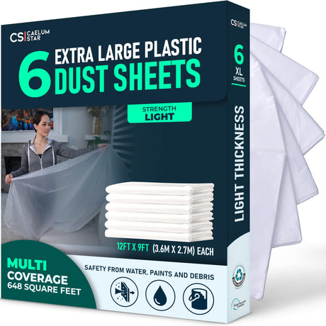 Plastic Dust Sheets - 6 Pack (3.6 × 2.7 m) retail pack with folded sheets