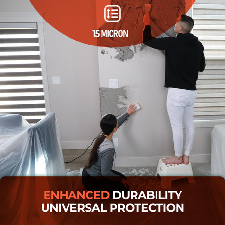 15 micron plastic dust sheets protecting furniture and walls during renovation