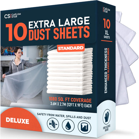 Caelum Star 10 pack standard plastic dust sheets, 3.6 x 2.7 m, retail pack and folded clear sheets