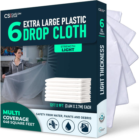 Plastic Drop Cloths - 6 Pack (12 × 9 ft) retail pack with folded sheets