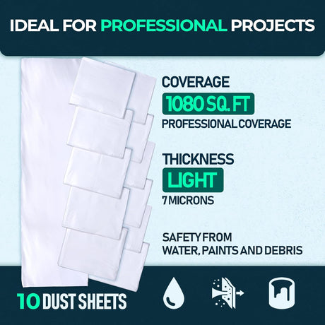 CS 10 Pack Light plastic dust sheets in a decorated room