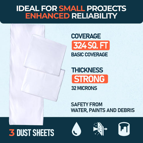 CS 3 Pack Strong plastic dust sheets in a decorated room