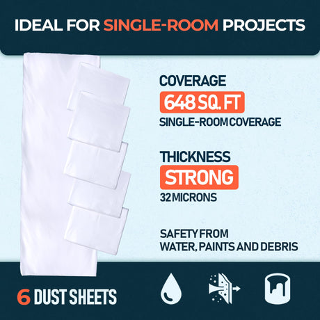 CS 6 Pack Strong plastic dust sheets in a decorated room